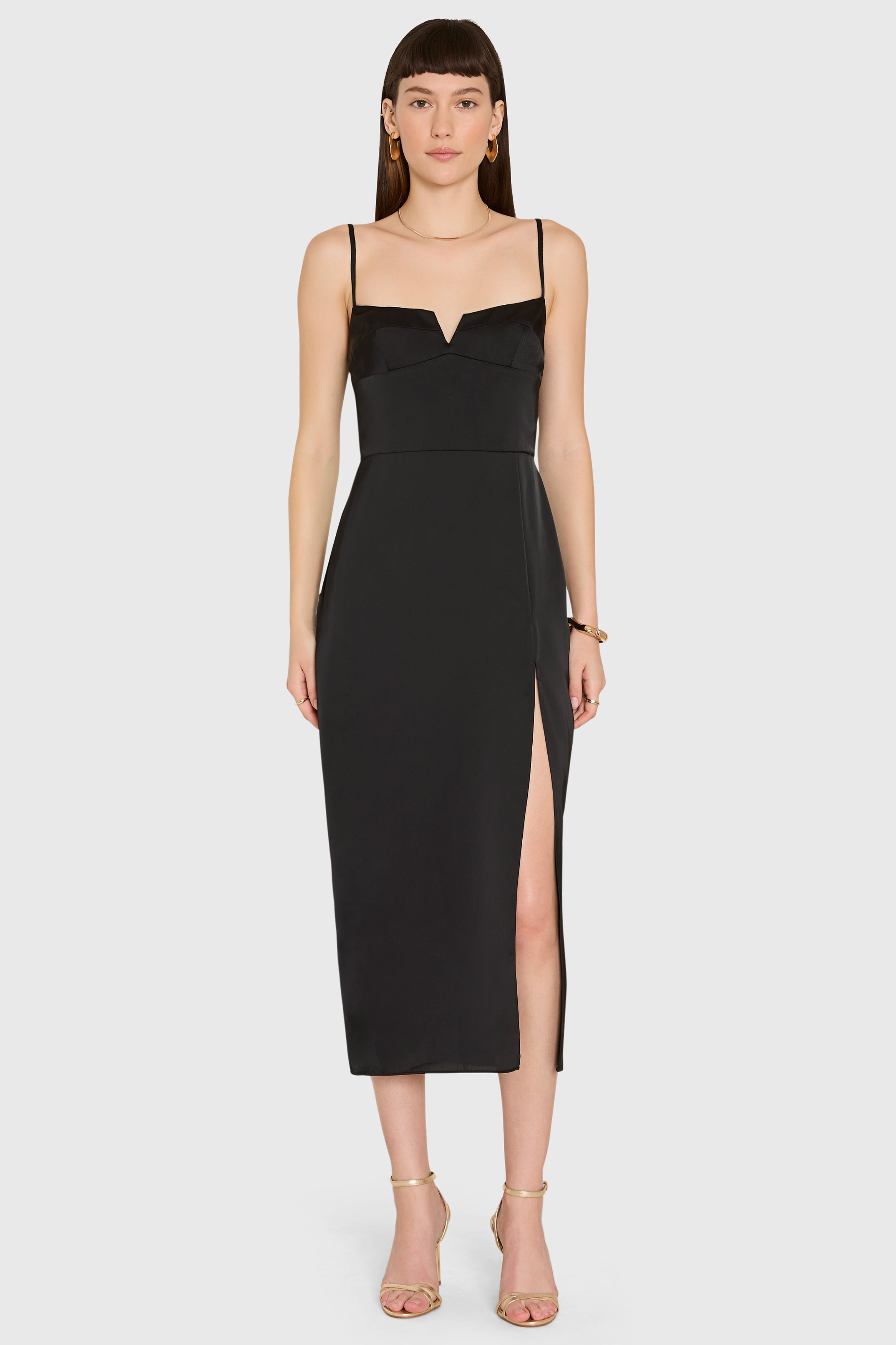 Sleeveless Midi Lyra Dress in Black Satin | XL