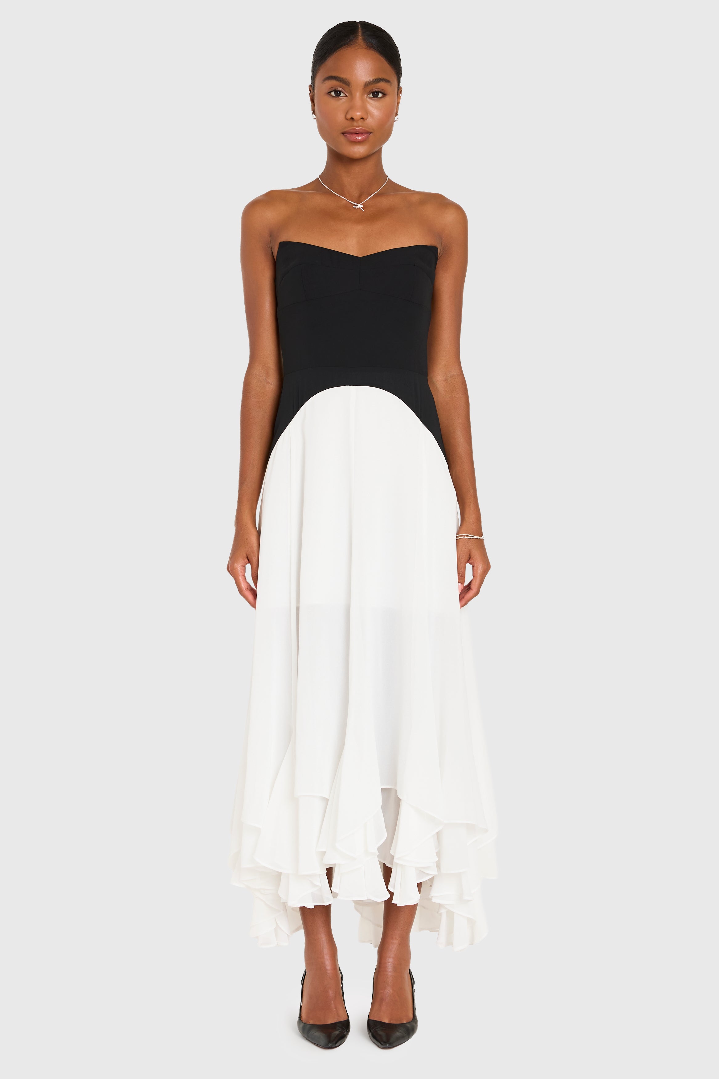 Strapless Midi Monterey Dress in Black Ivory Chiffon | M | Amanda Uprichard Strapless Midi Monterey Dress in Black Ivory Chiffon | M | Amanda Uprichard