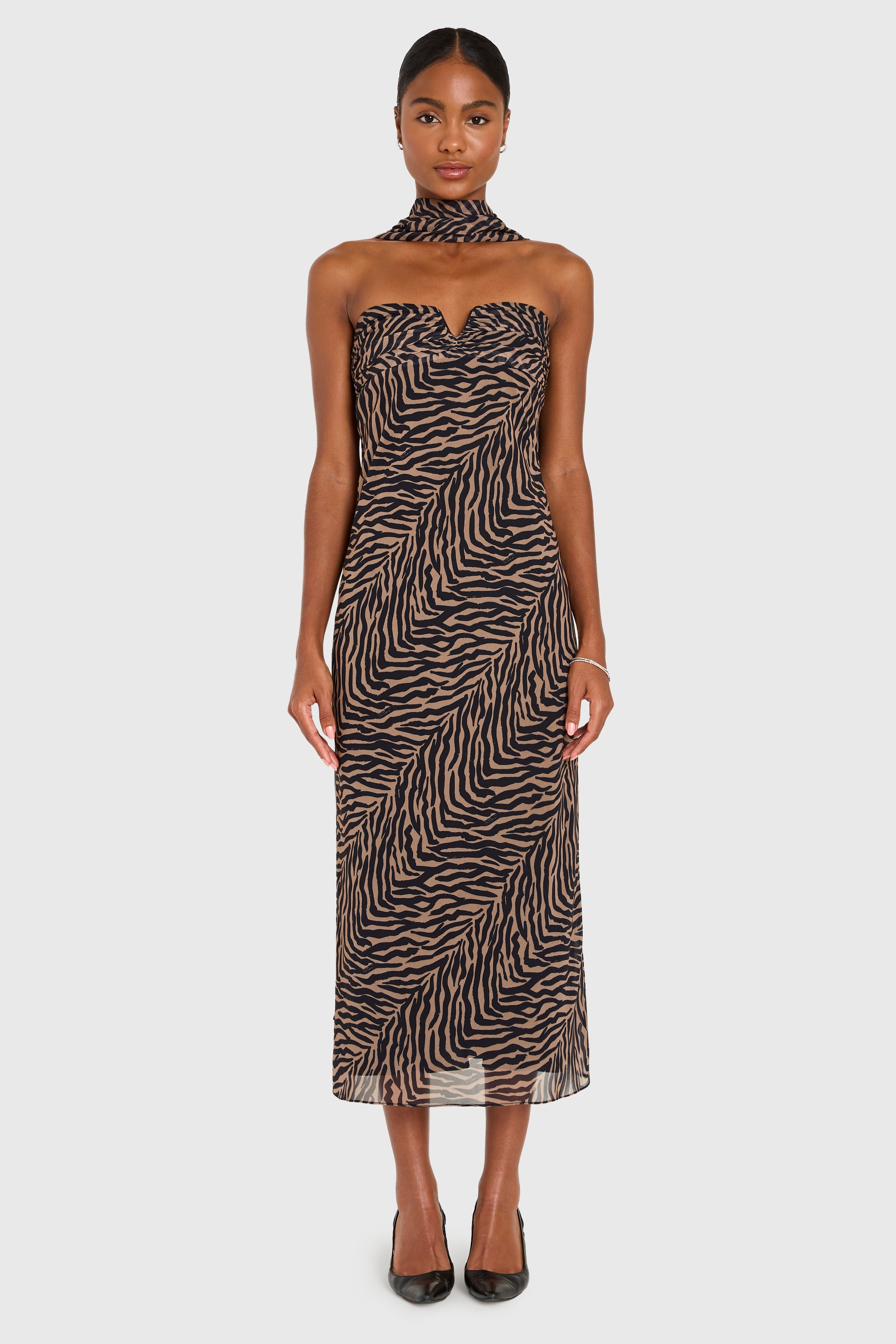 Strapless Midi Lara Dress in Chocolate Multi Chiffon | L | Amanda Uprichard Strapless Midi Lara Dress in Chocolate Multi Chiffon | L | Amanda Uprichard