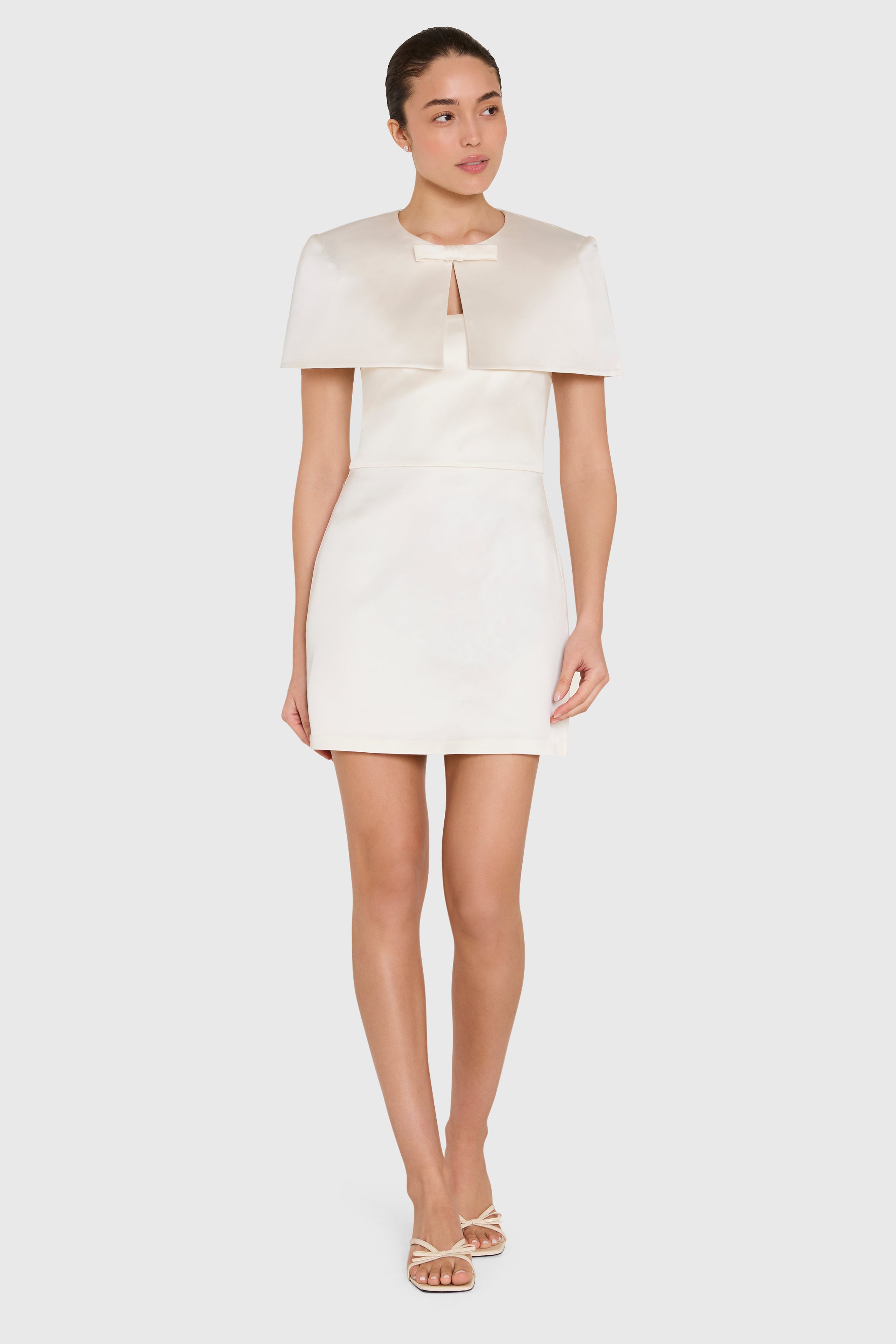 Sleeveless Mini Elyna Capelet Dress in Ivory Satin | S