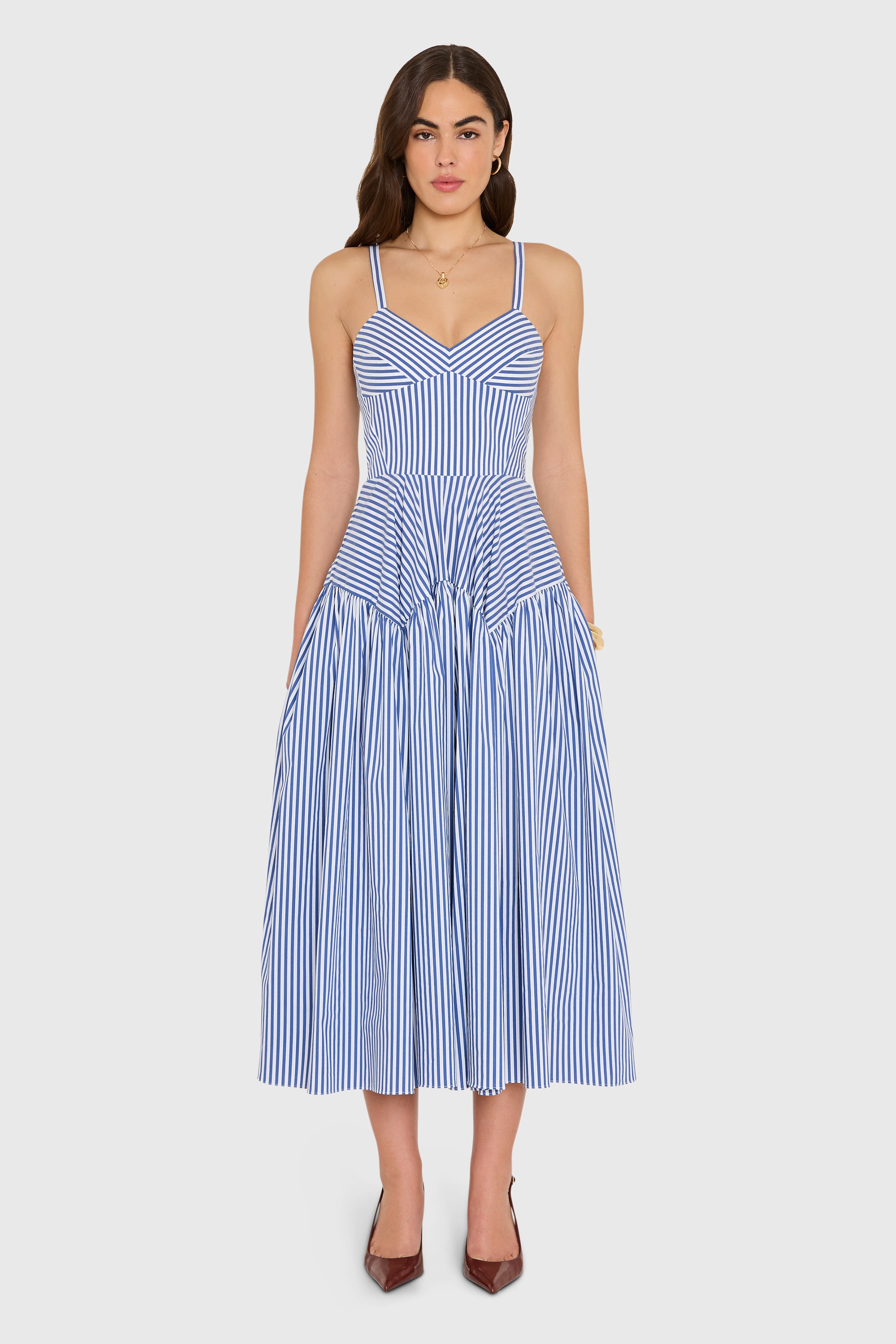 white striped midi dress The White Square Neck Striped Midi Dress