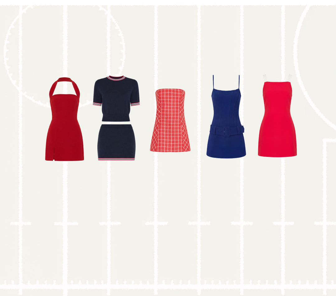 Amanda Uprichard Game Day Pro o - Six women's apparel items arranged in a row on a light gray background with faint line graphics.