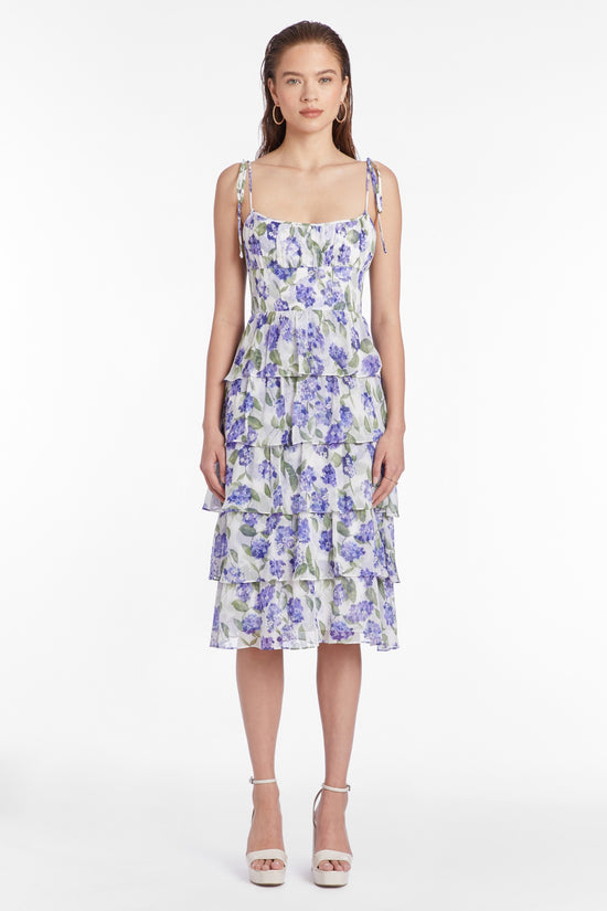 blue and white floral print tiered midi dress 