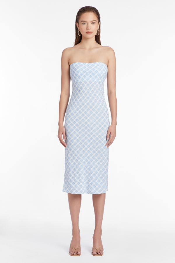 strapless blue and white plaid midi dress