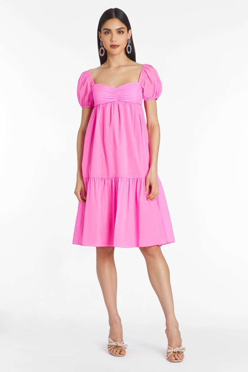pink sweetheart ncek midi dress with puff sleeves