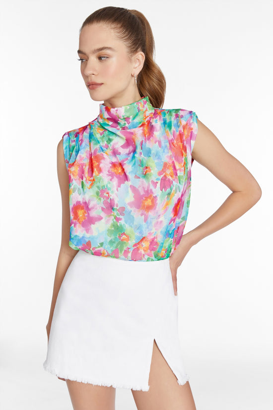 sleeveless multi color floral print mock neck blouse