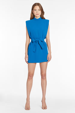 blue sleeveless mini with with mock neck and bow waist belt