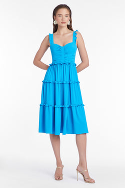 blue midi dress with tiered detailing