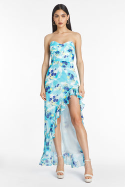 strapless blue floral maxi gown with high low ruffle hem