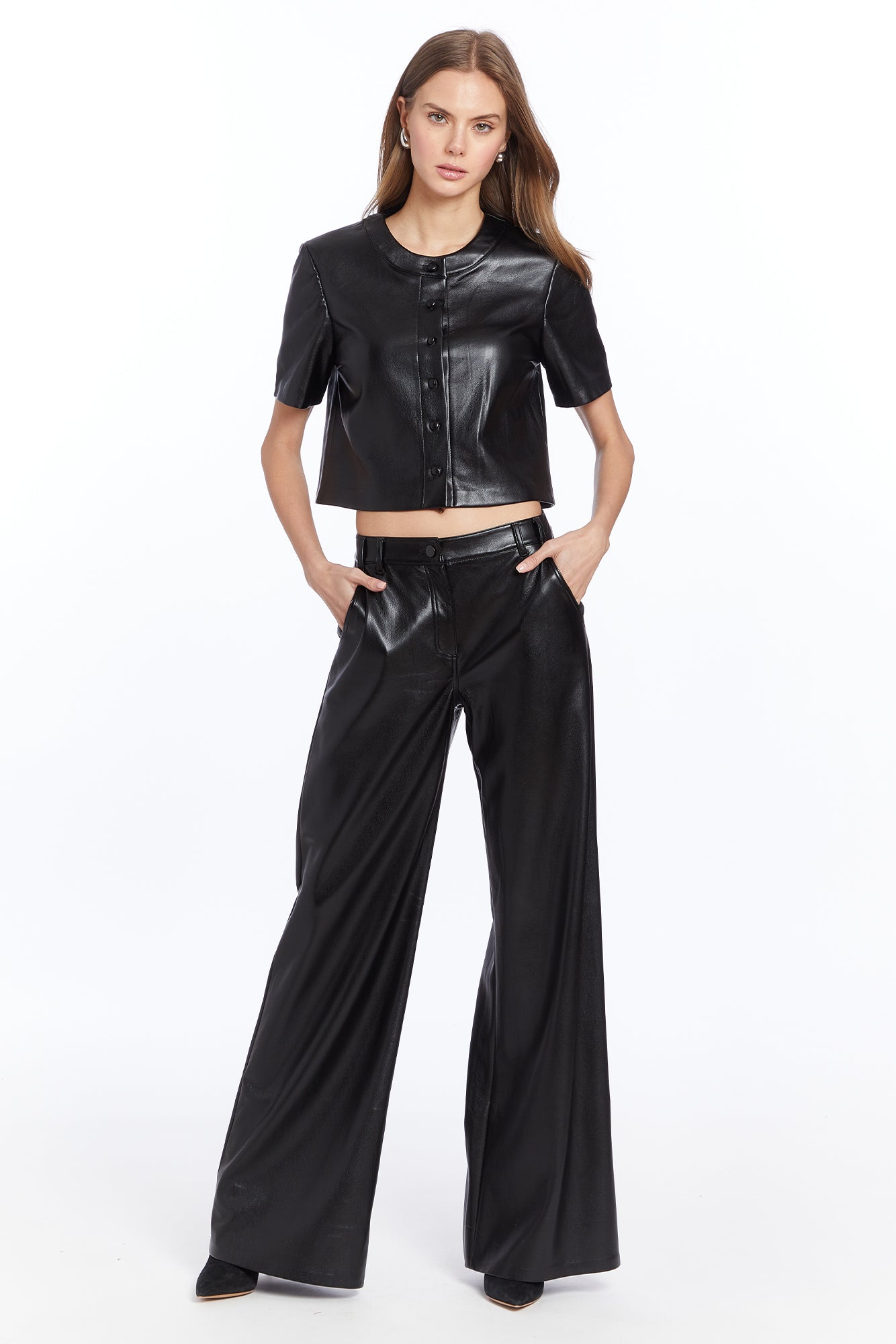 Leather top and pants set, front facing.