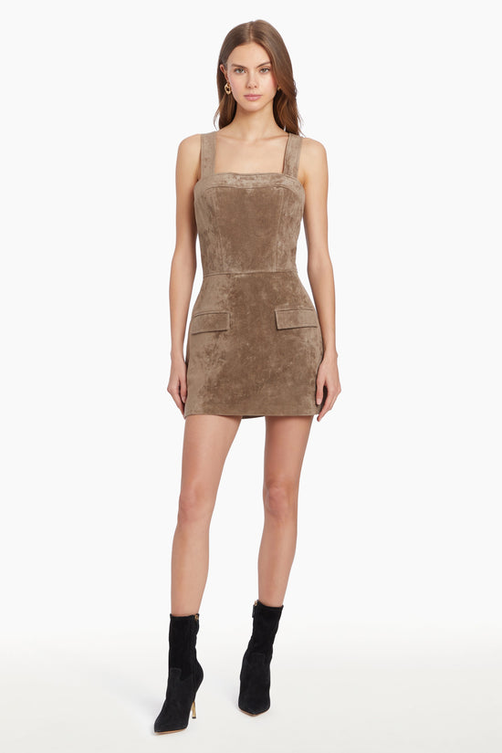 Girl in brown suede dress, front facing. view 2