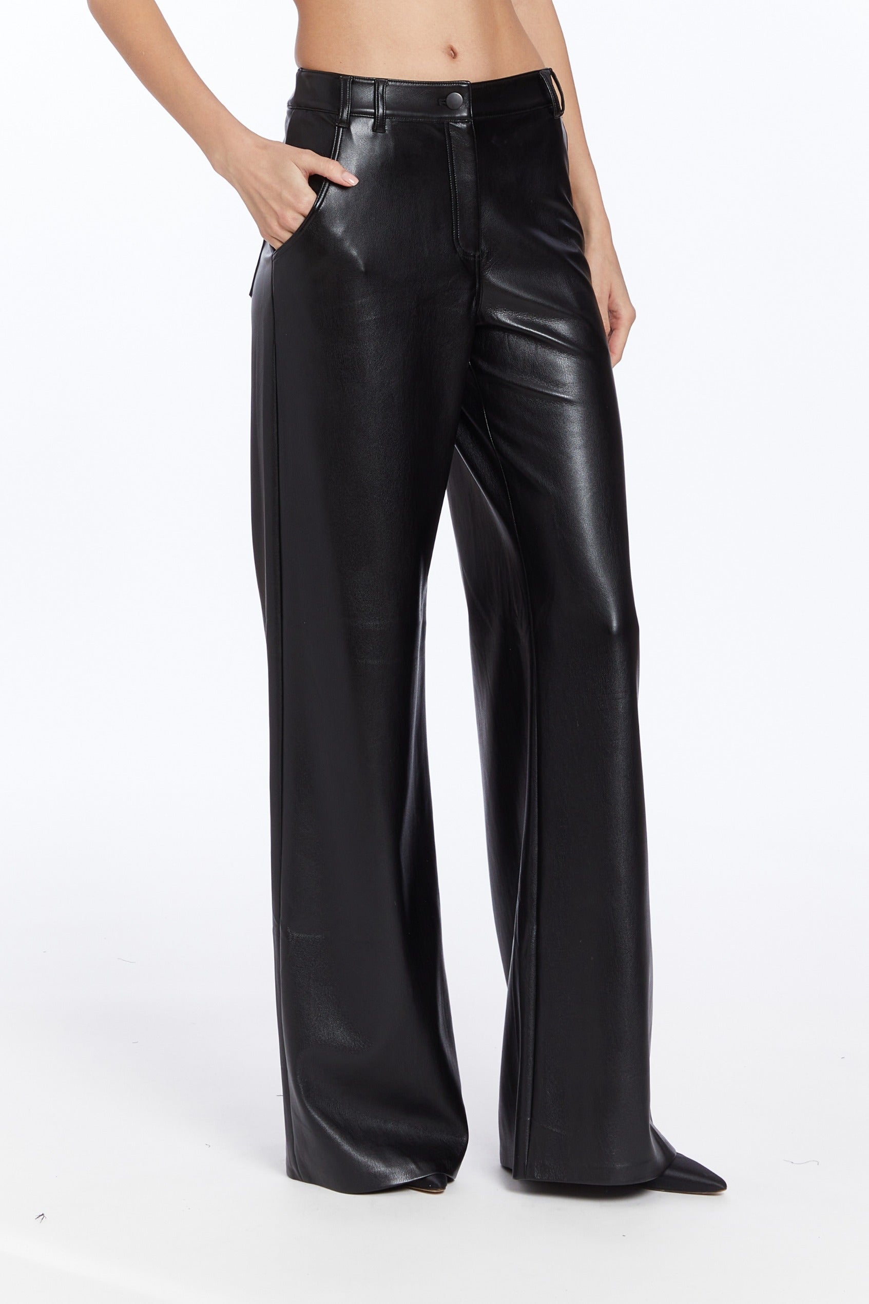 Leather pants, side facing.