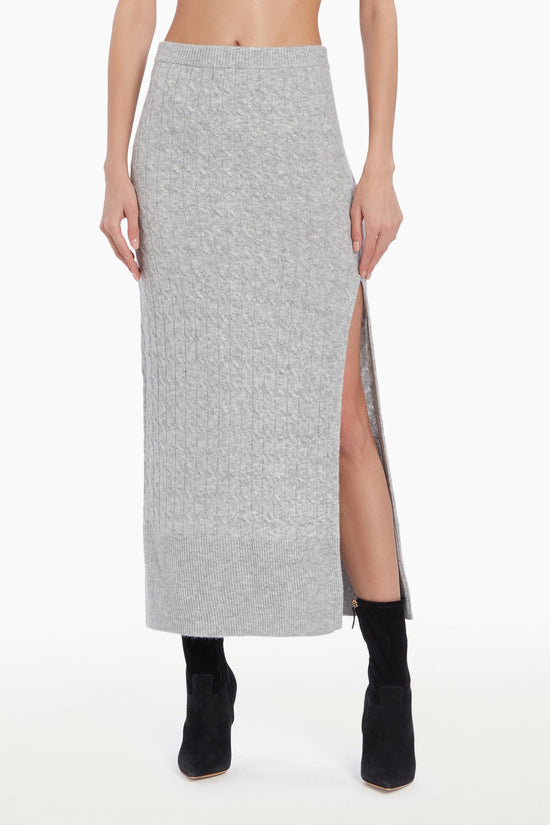 Grey midi skirt with high slit, front facing. view 1