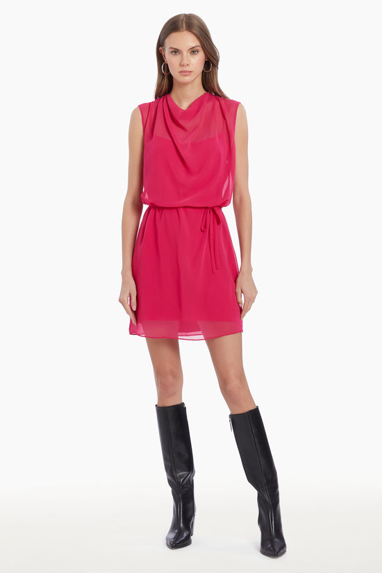 Girl in hot pink dress with tie, front facing. view 1