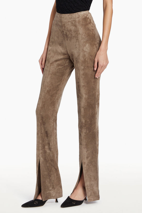 Brown suede pants with slits, side facing. view 2