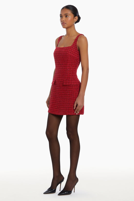 Girl in red houndstooth dress, side facing. view 2