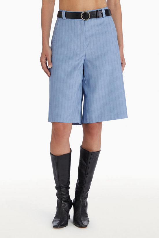 Blue long stripe shorts, front facing. view 1