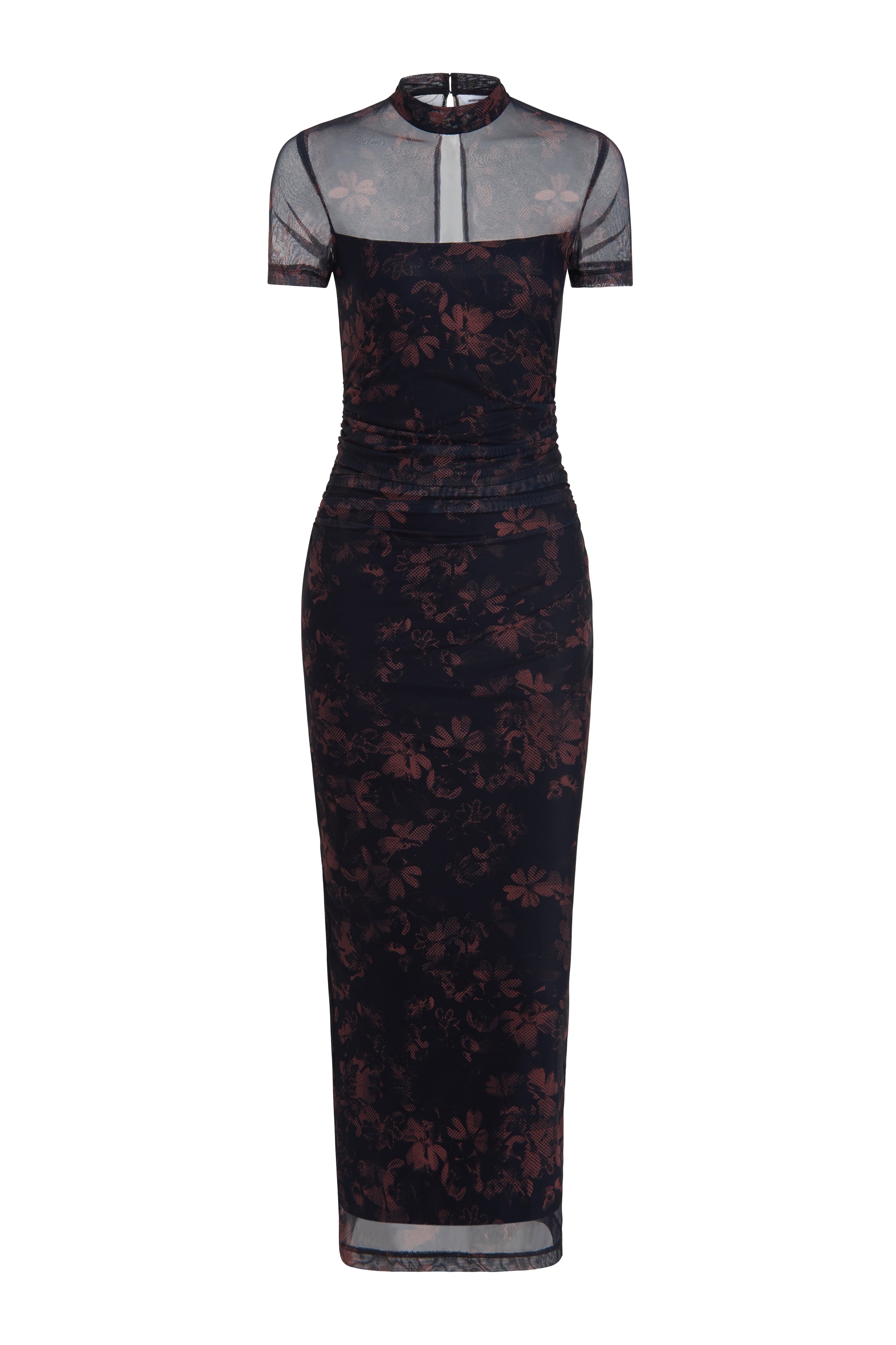 short sleeve mesh midi dress in dark floral print on white background
