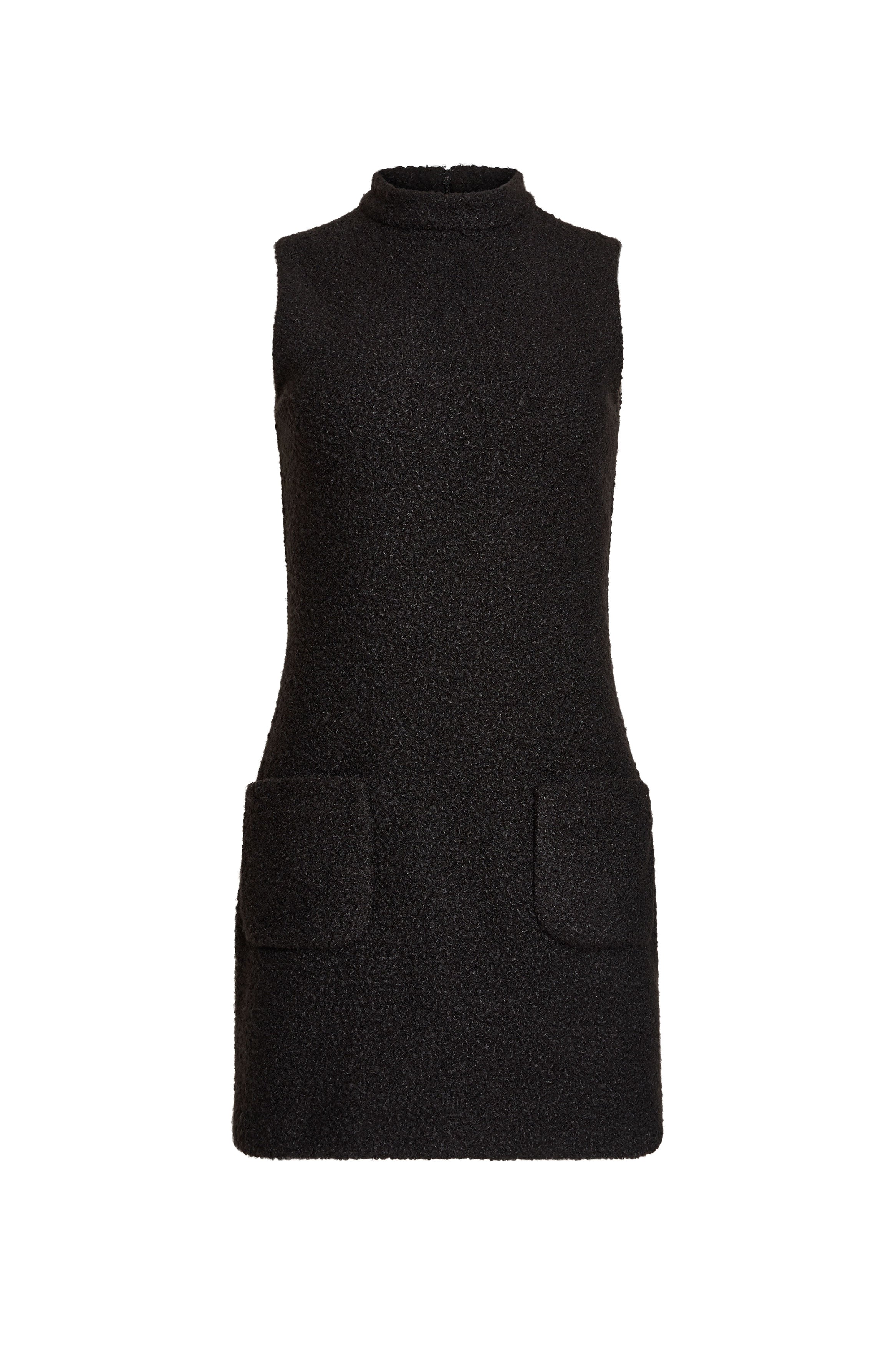 Black sleeveless dress with a high neckline on a white background