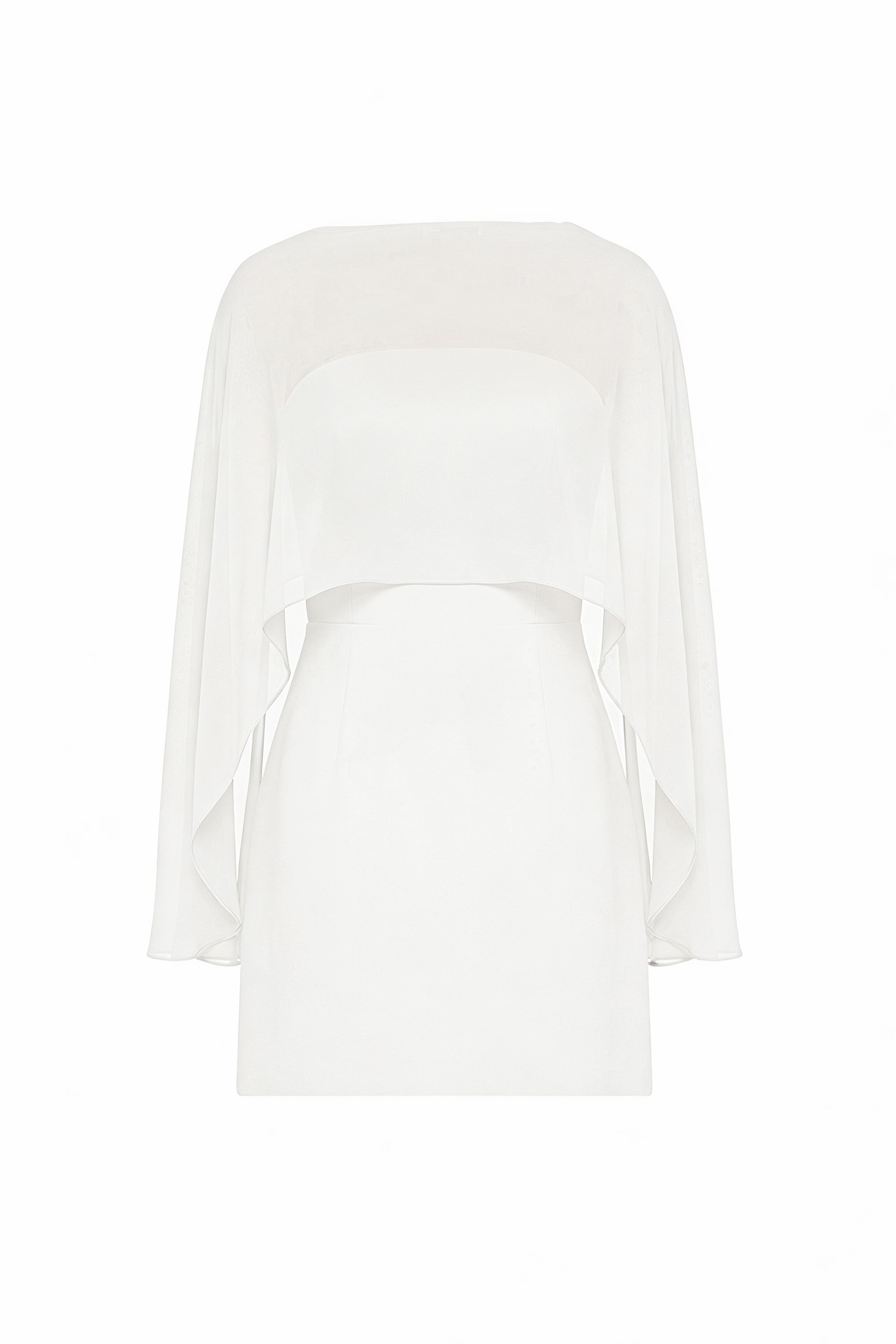 white cape mini dress Captivating Drama White Cape Sleeve Mini Dress