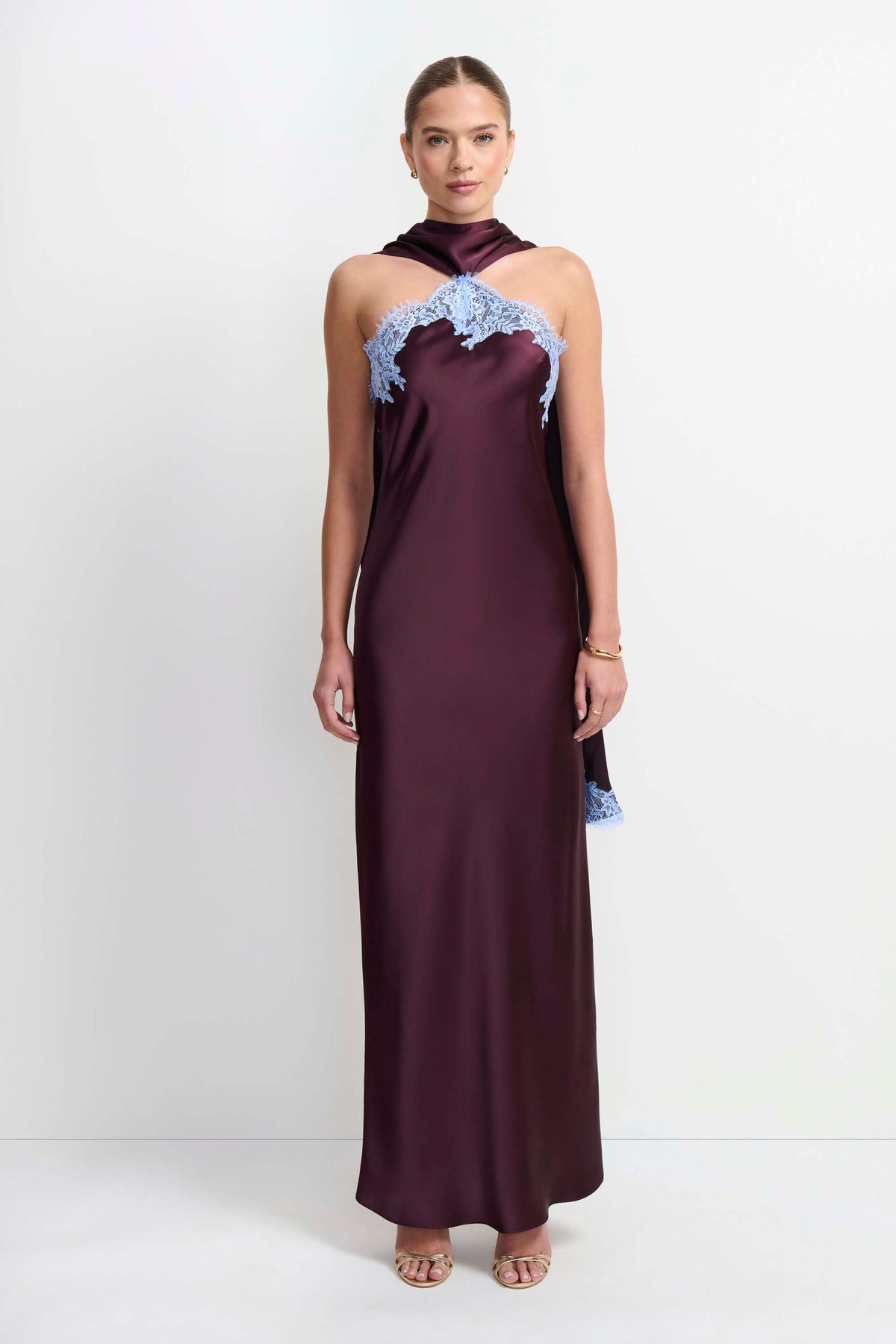 Amanda Uprichard Ashton Maxi with Lace in Oxblood Light Blue - front view