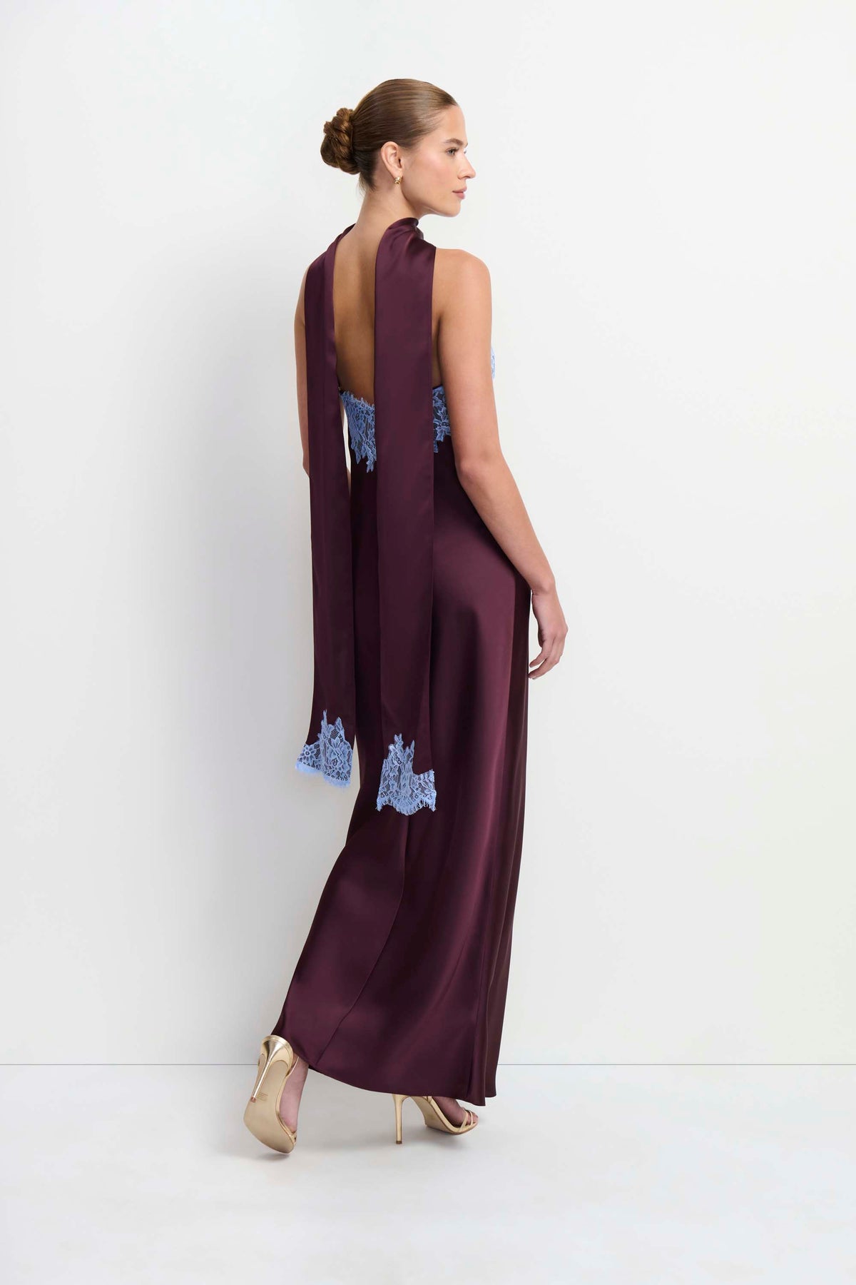 Amanda Uprichard Ashton Maxi with Lace in Oxblood Light Blue - back view