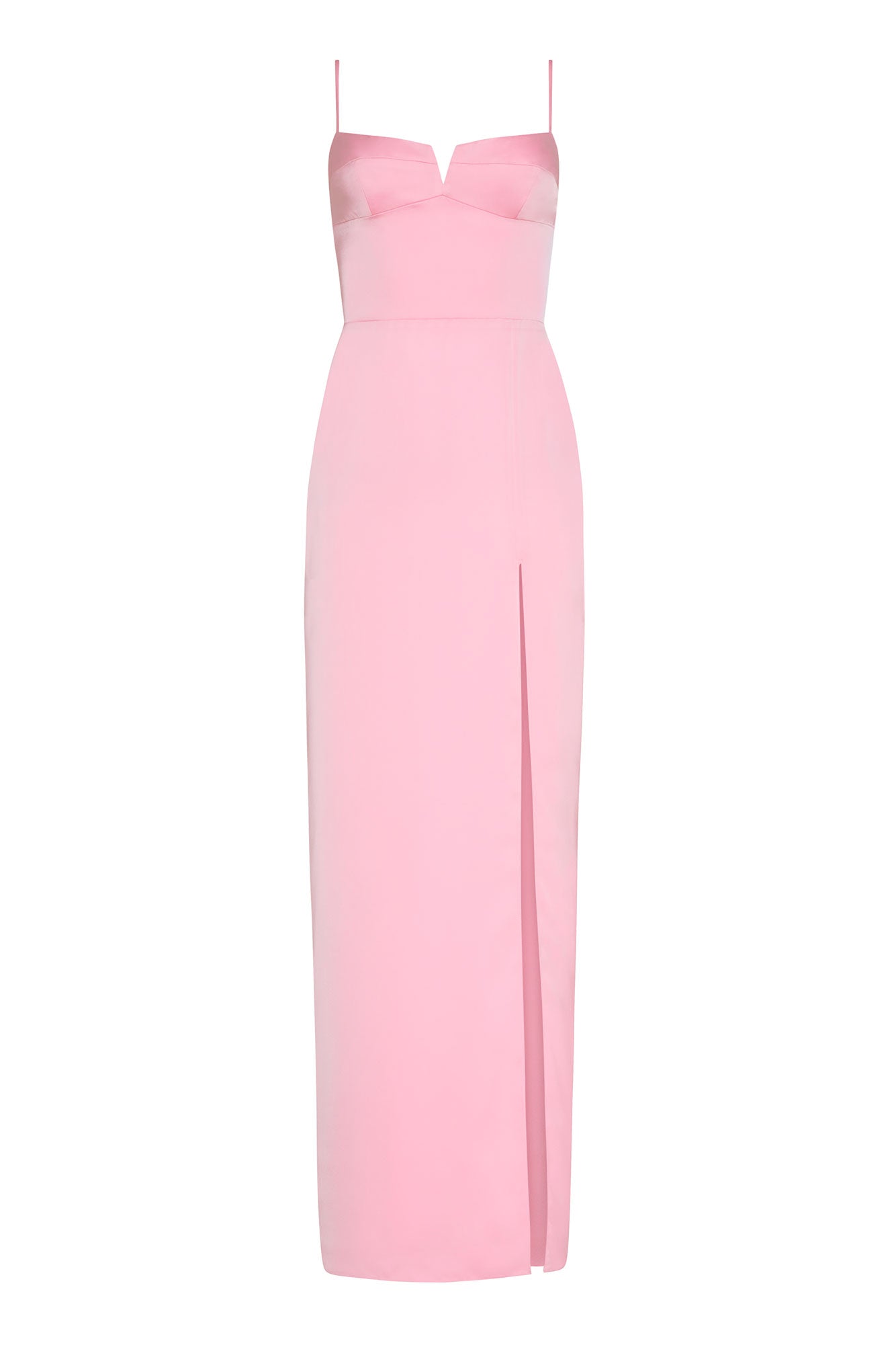 Pink evening gown with thin straps on a white background