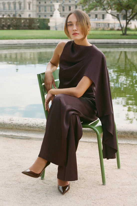 Amanda Uprichard Artemis Top in Charmeuse in Tobacco - editorial image