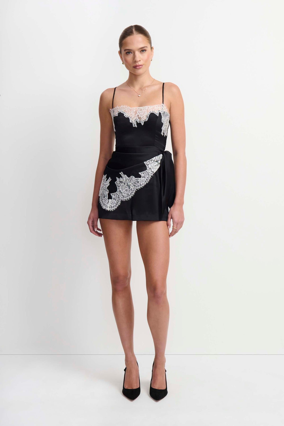 Amanda Uprichard Revan Lace Romper in Black Ivory - front view