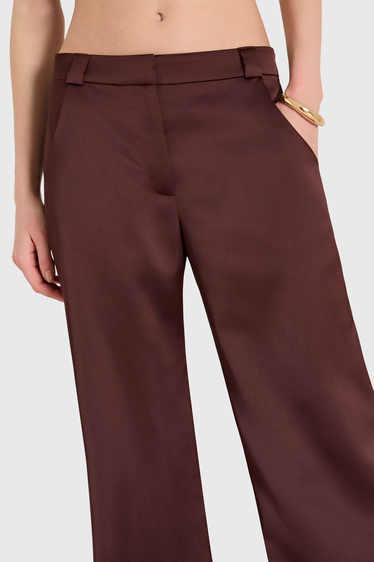 Amanda Uprichard Saddler Pants in Charmeuse in Tobacco - detail view