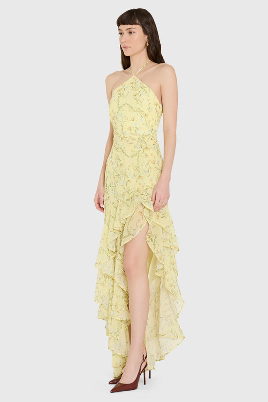 Woman wearing a yellow floral dress on a white background