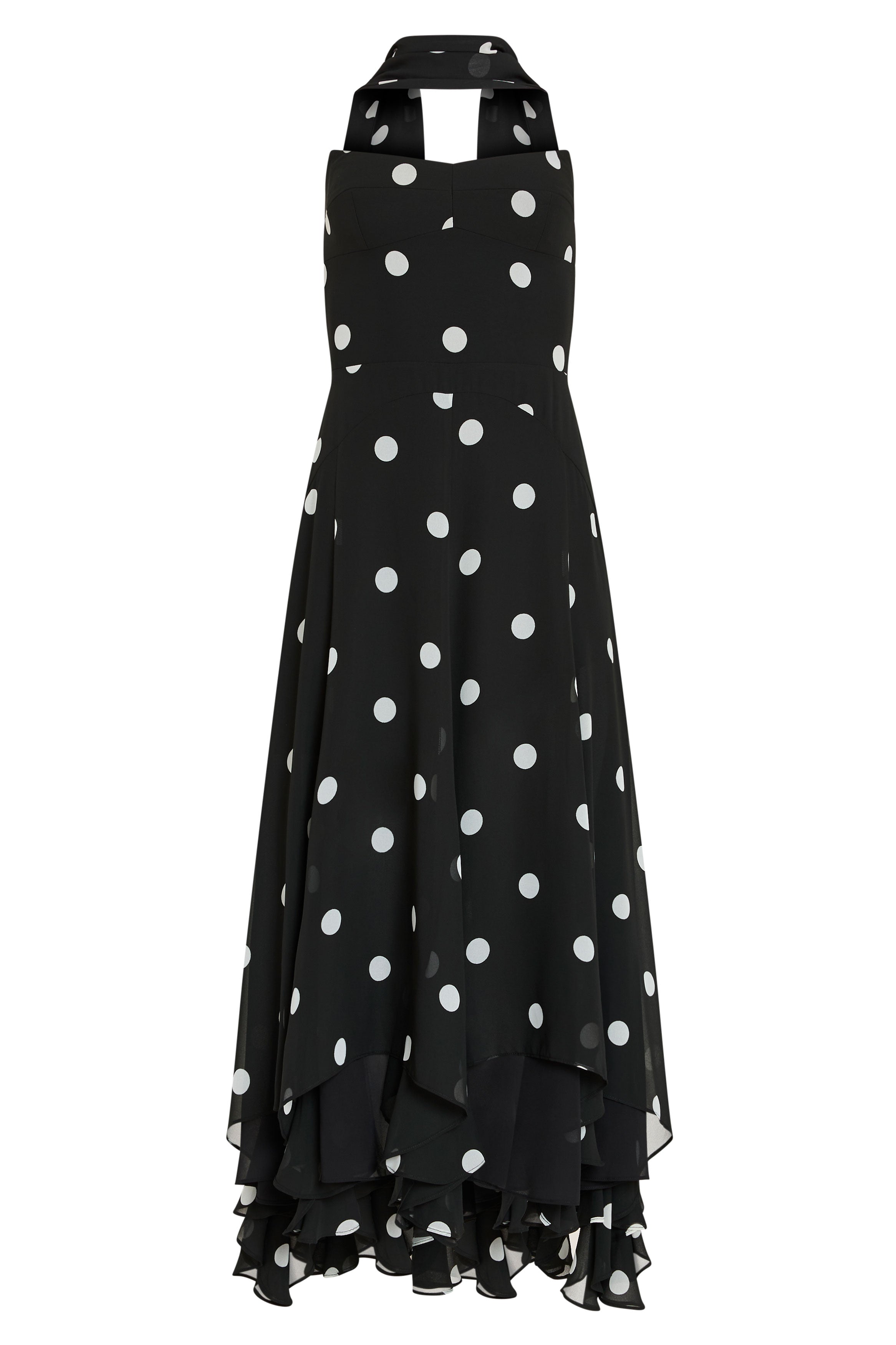 Black dress with white polka dots on a white background