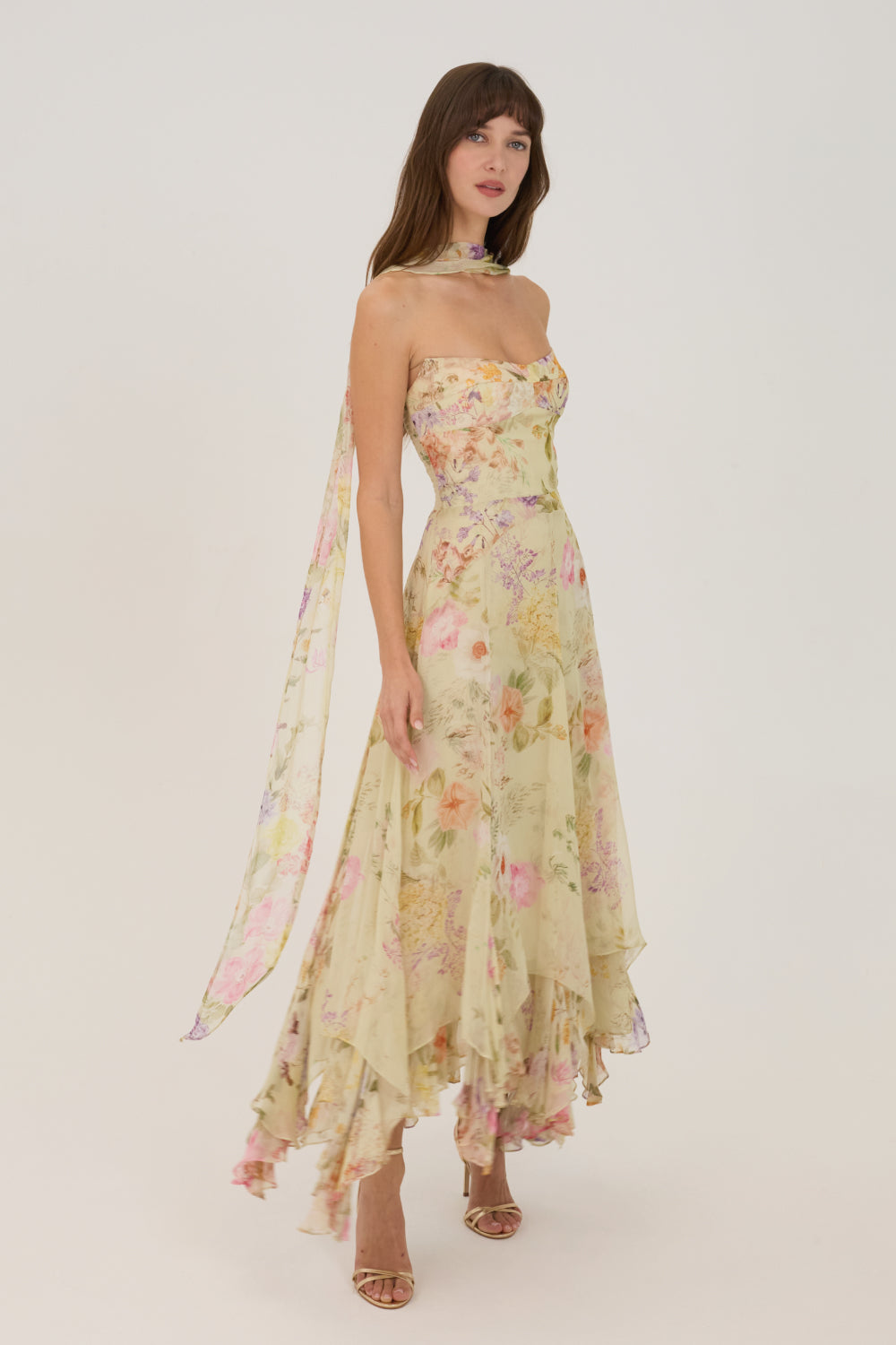 Strapless Midi Monterey Dress With Scarf Whistledown in Endive Multi Chiffon | S