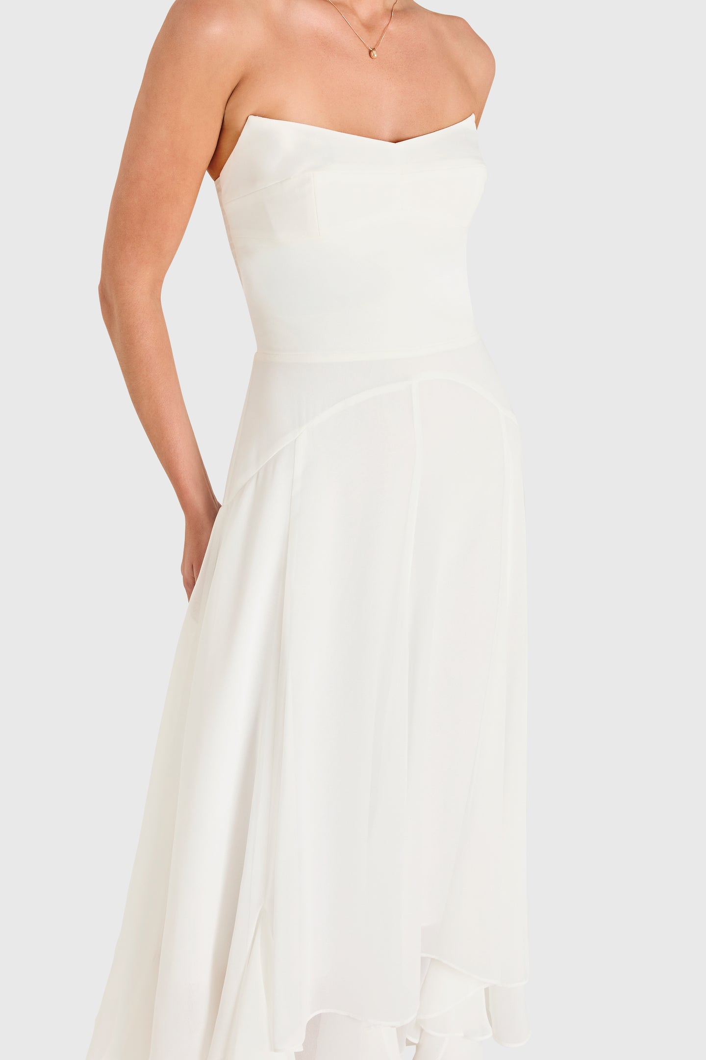 monterey strapless chiffon handkerchief dress Amanda Uprichard Monterey Strapless Midi Dress With Detachable Scarf - Mochi