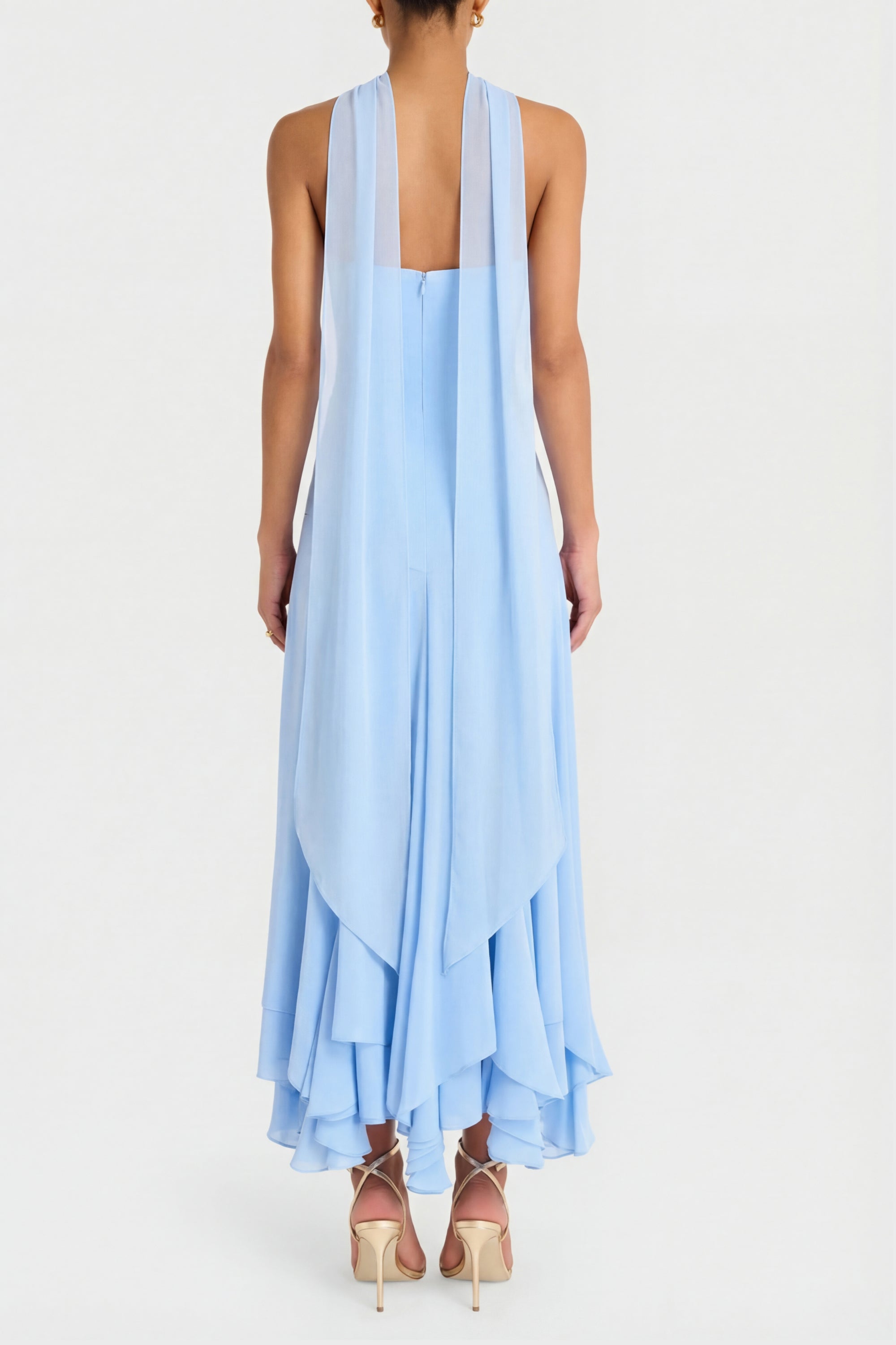 Strapless Midi Monterey Dress With Scarf in Baby Blue Chiffon | M