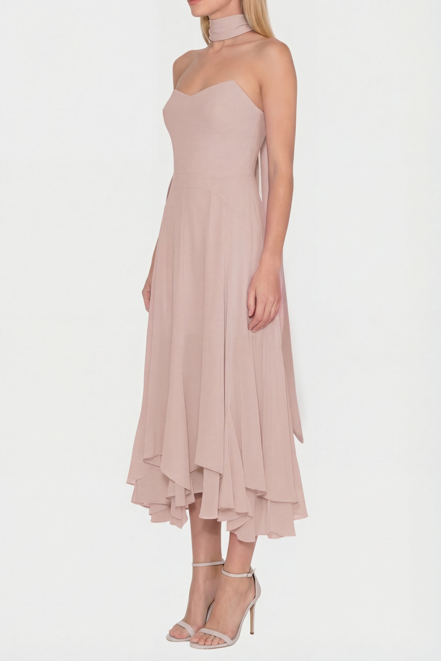 Strapless Midi Monterey Dress With Scarf in Mochi Chiffon | M Strapless Midi Monterey Dress With Scarf in Mochi Chiffon | M