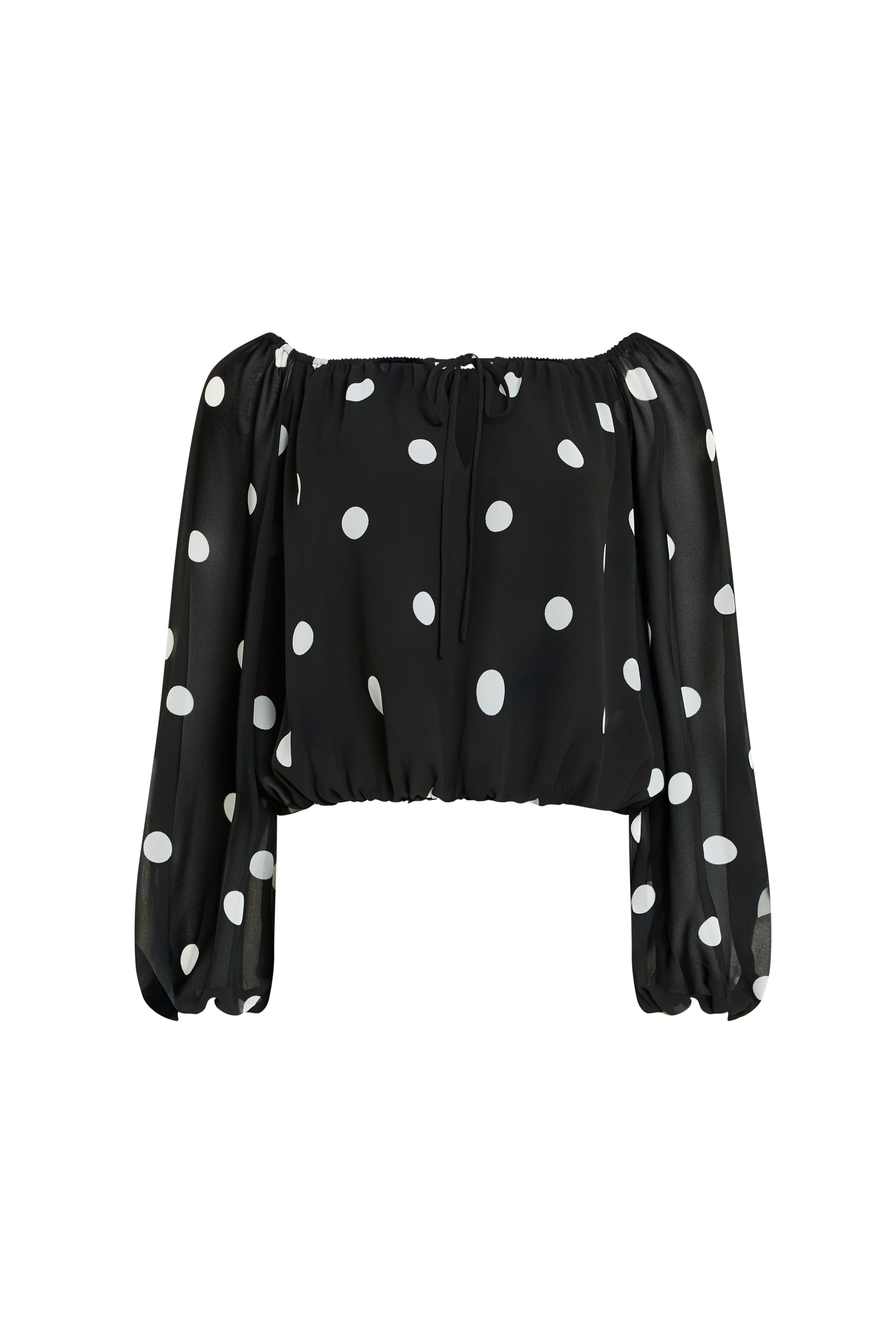Black off-shoulder top with white polka dots on a white background