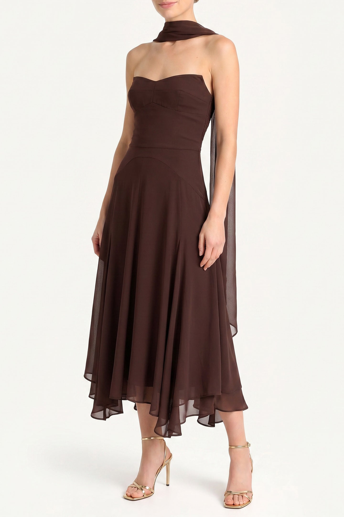 Strapless Midi Monterey Dress With Scarf in Cocoa Chiffon | M