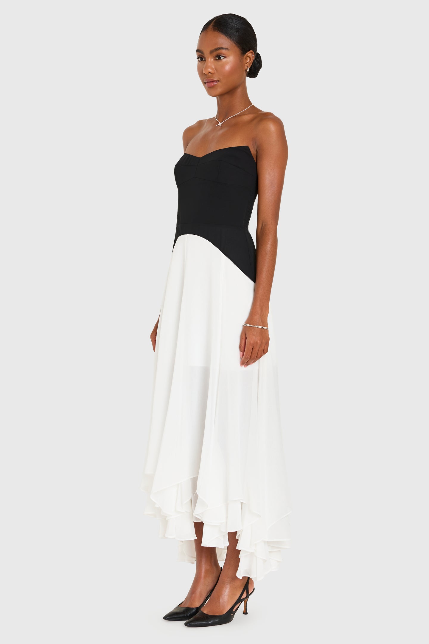 Strapless Midi Monterey Dress in Black Ivory Chiffon | XS | Amanda Uprichard Strapless Midi Monterey Dress in Black Ivory Chiffon | XS | Amanda Uprichard