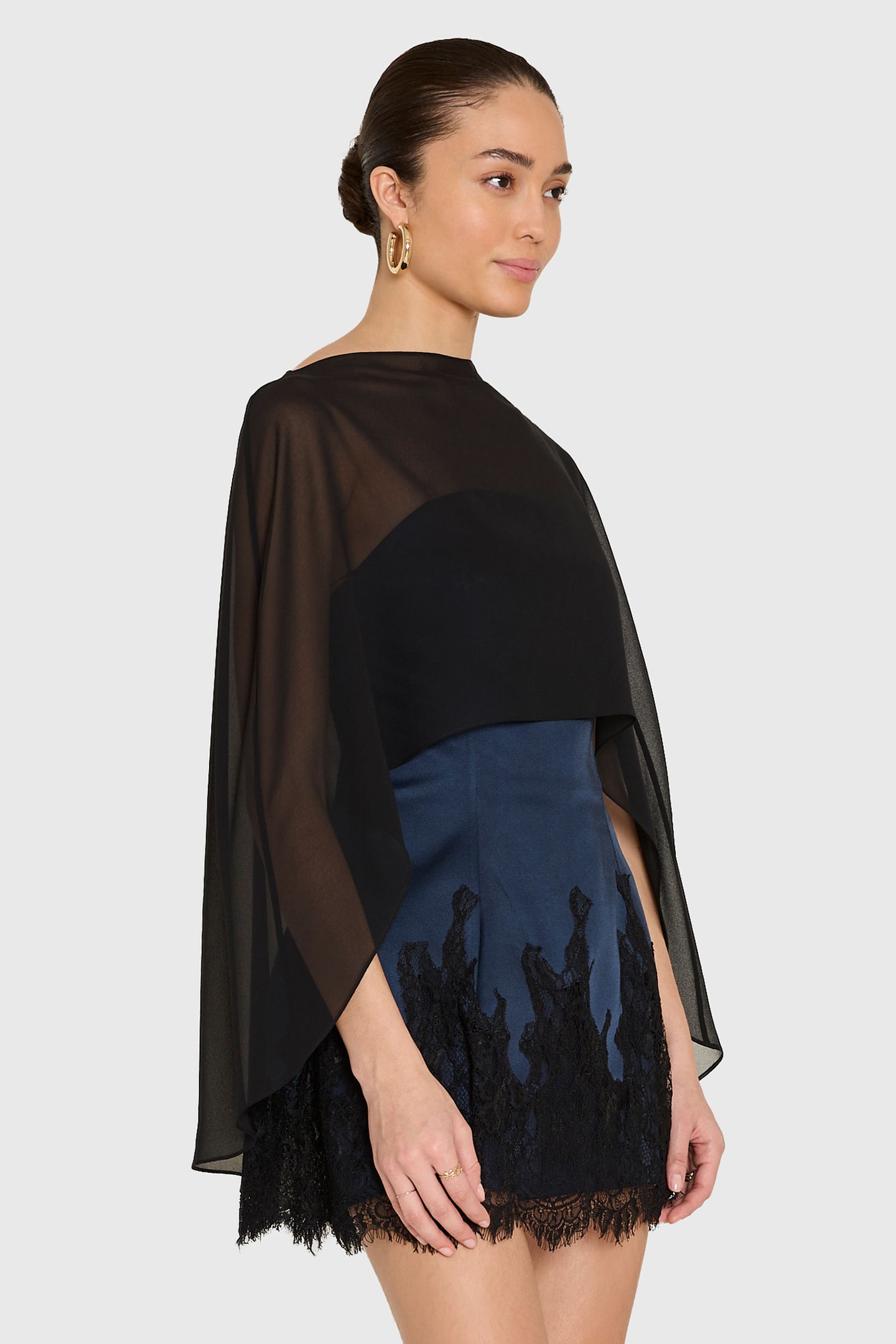 black cape for dress High Couture NR2260 Long Sleeve Formal Black crepe dress features a bodycon silhouette Rachel Cape in Black Chiffon