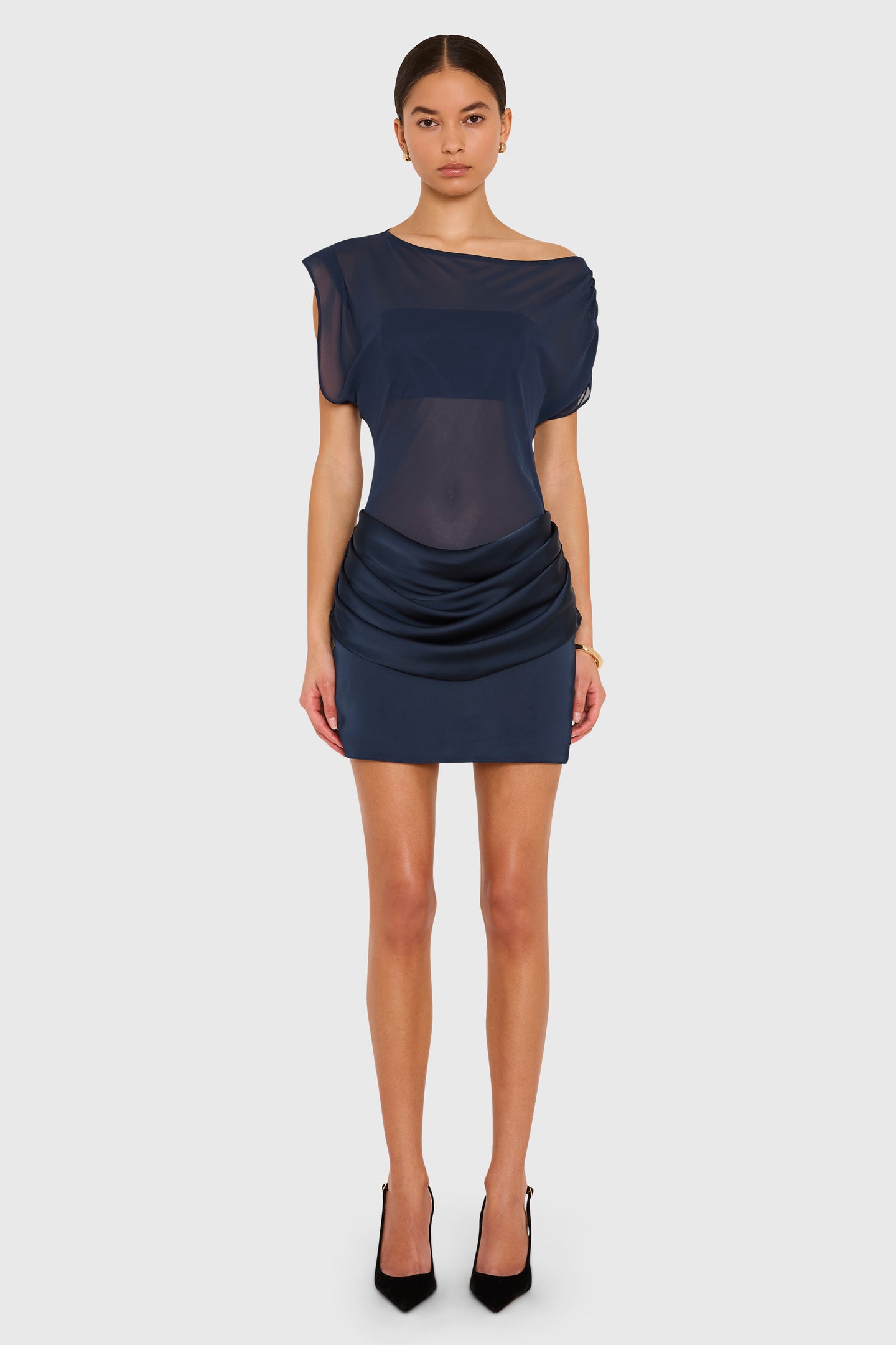 Short Sleeve Mini Olandria Dress in Ink Chiffon | XS Short Sleeve Mini Olandria Dress in Ink Chiffon | XS