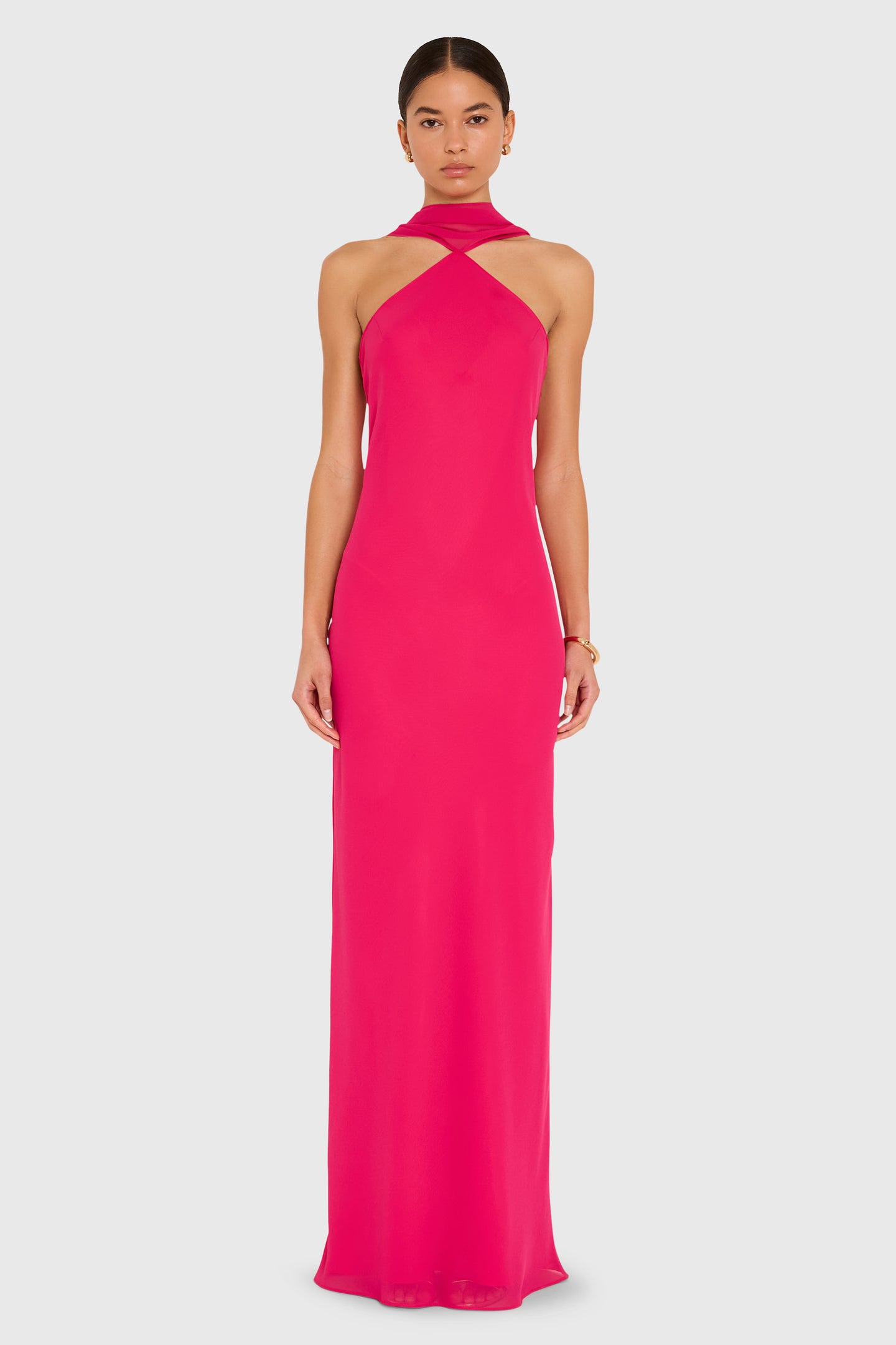 maxi pink chiffon dress ASOS EDITION ruched gathered waist chiffon maxi dress in hot pink