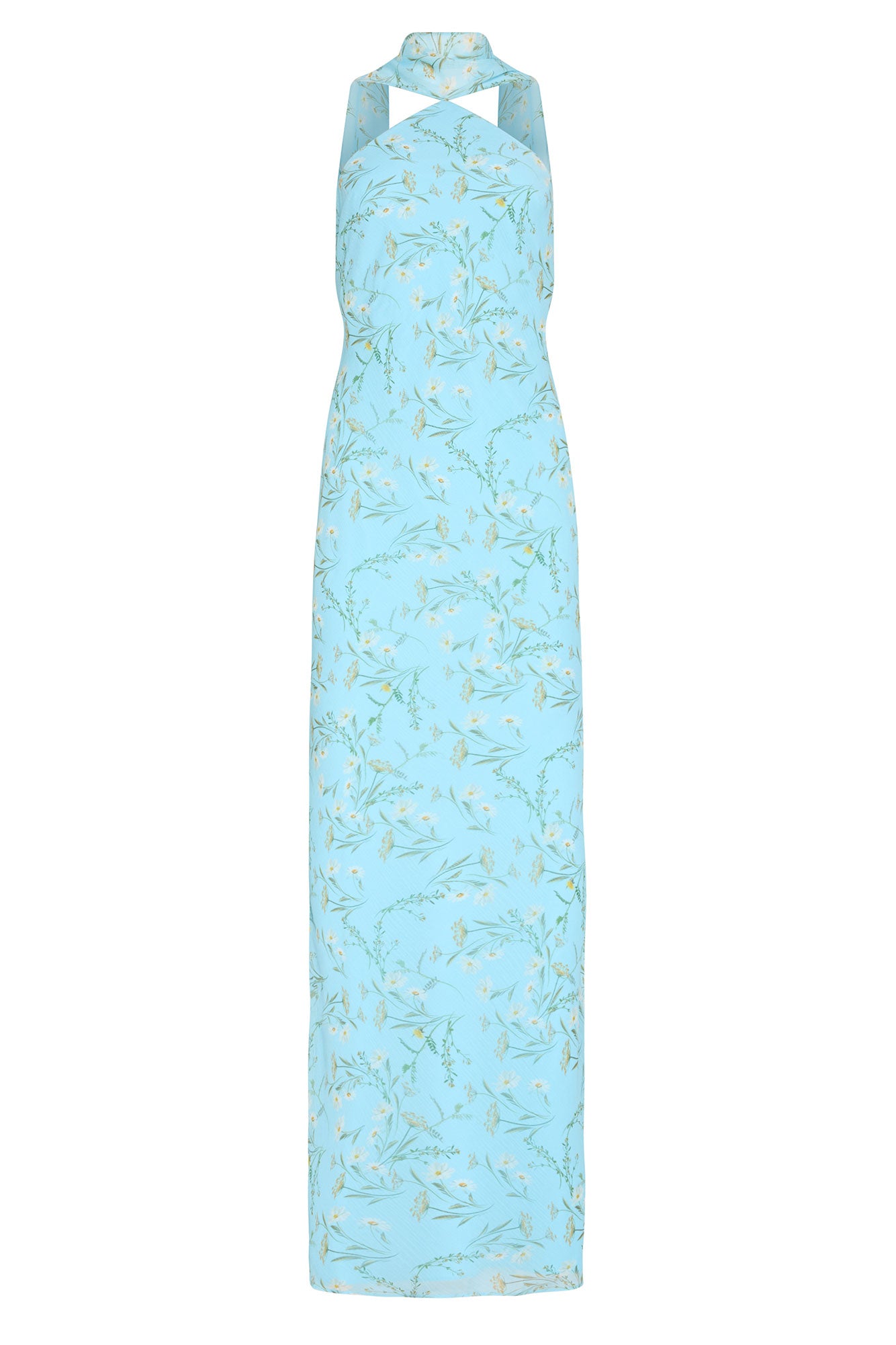 Light blue dress with floral pattern on a white background