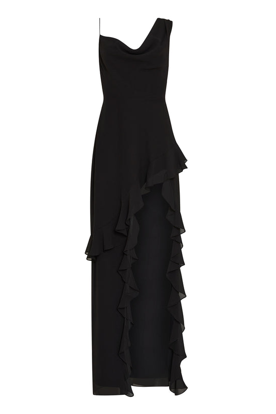 Black one-shoulder dress with ruffled layers on a white background