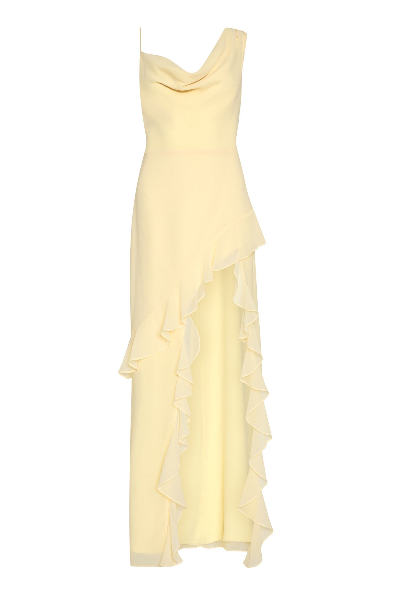 Light yellow dress with ruffled layers on a white background