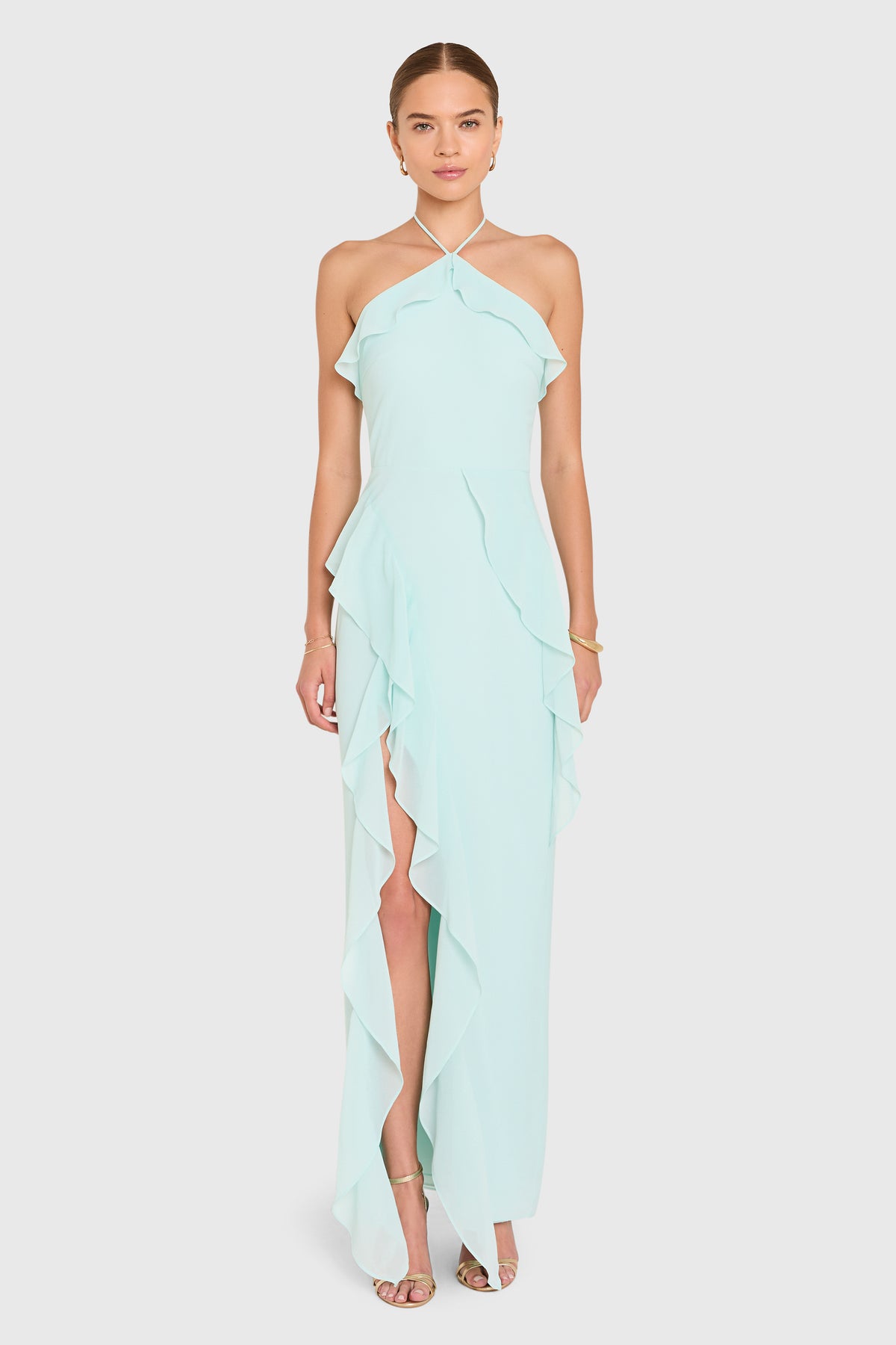sir alessandra beaded linen maxi halter dress Amanda Uprichard in Baby Blue Embroidered linen