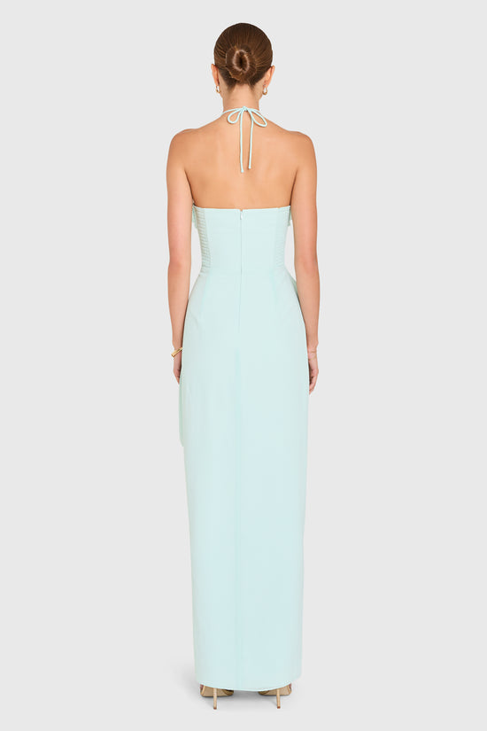 Amanda Uprichard |  Alessandra Maxi Dress in Celadon Blue. Model wears a pale blue full length gown against a white backgorund. view 3