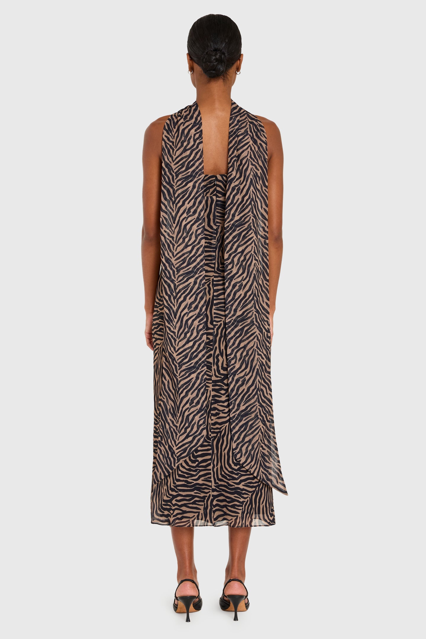 Strapless Midi Lara Dress in Chocolate Multi Chiffon | L | Amanda Uprichard Strapless Midi Lara Dress in Chocolate Multi Chiffon | L | Amanda Uprichard