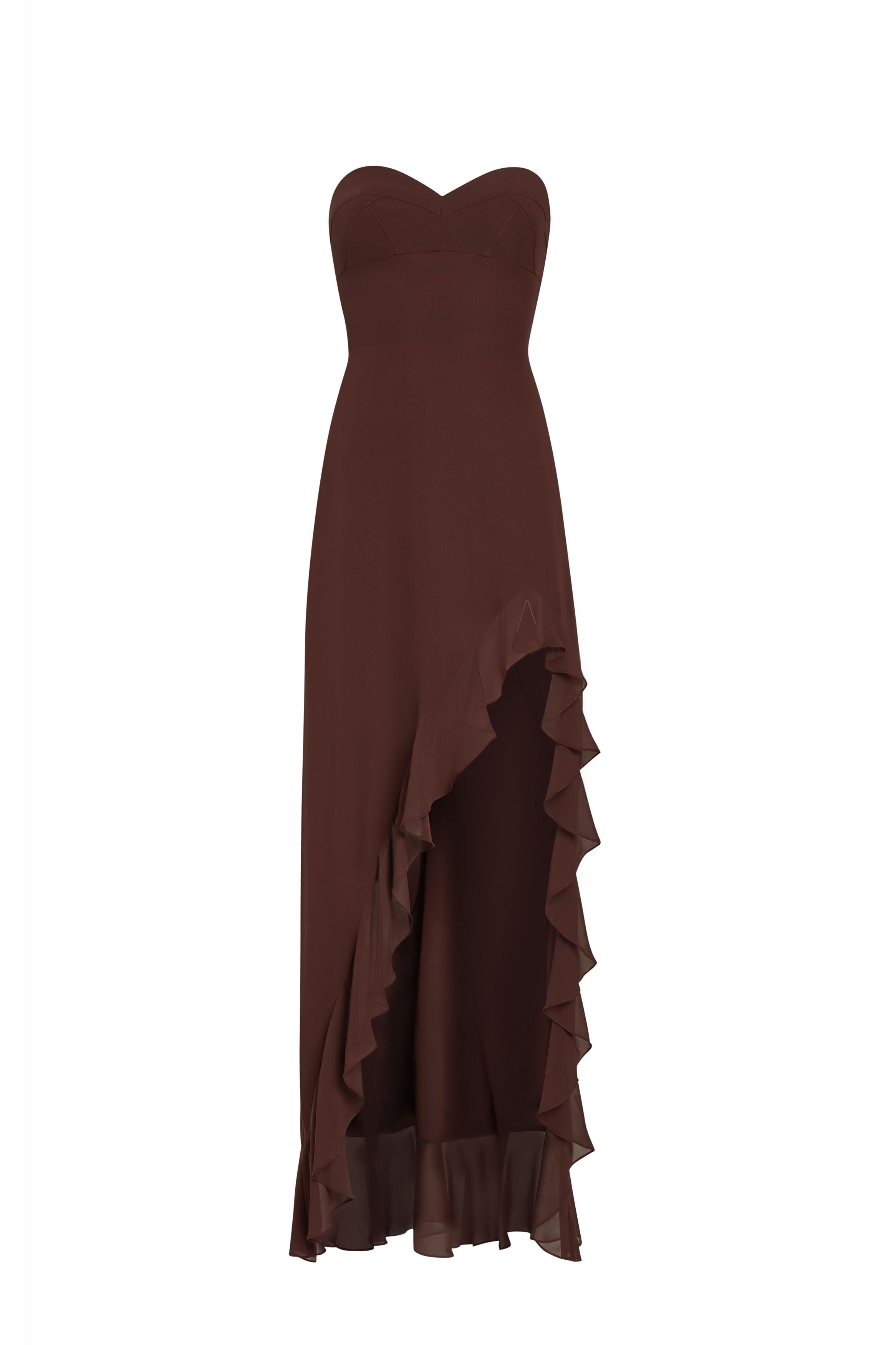 Brown strapless dress with ruffled skirt on a white background