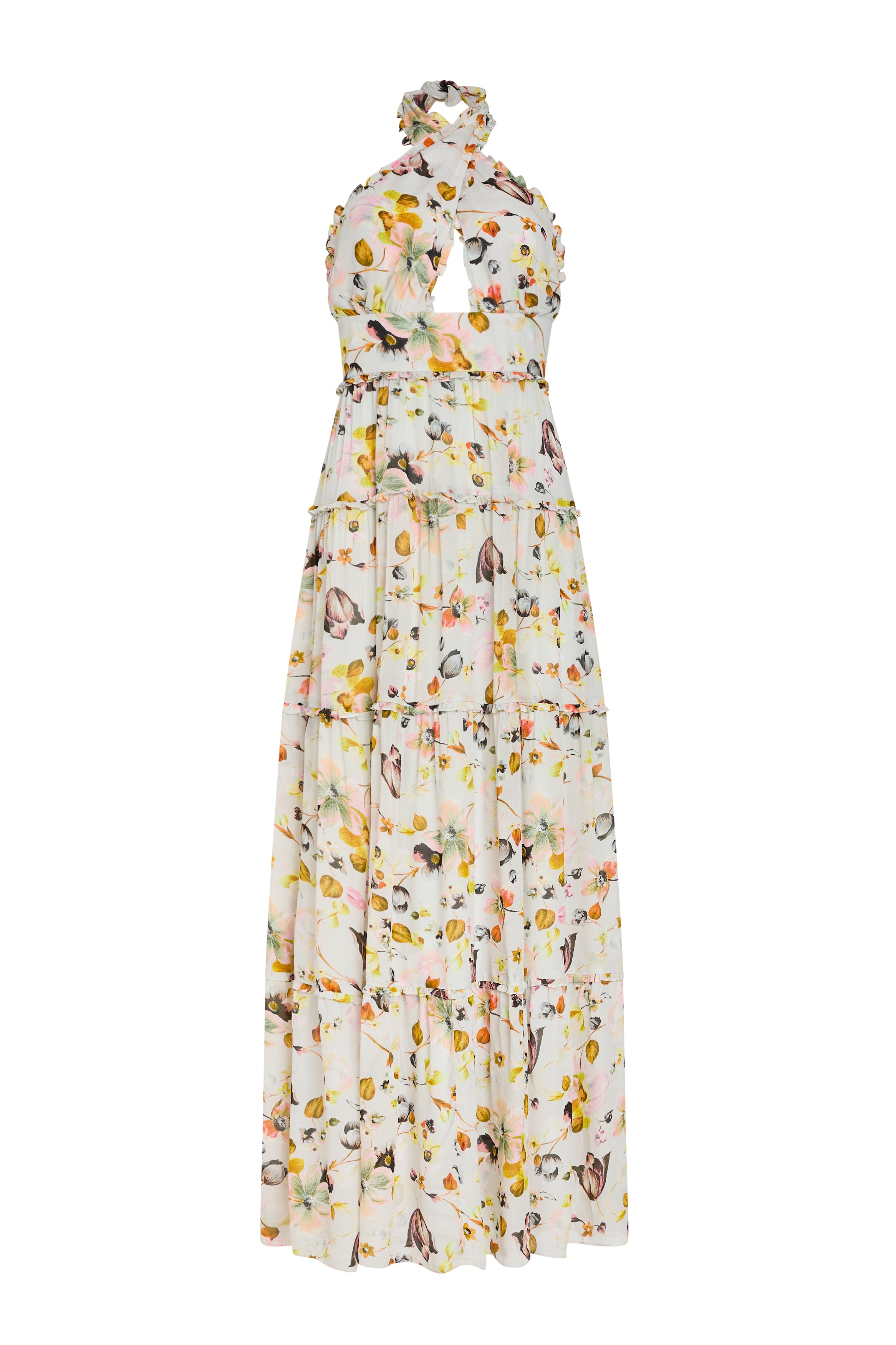 Floral patterned halter neck dress on a white background